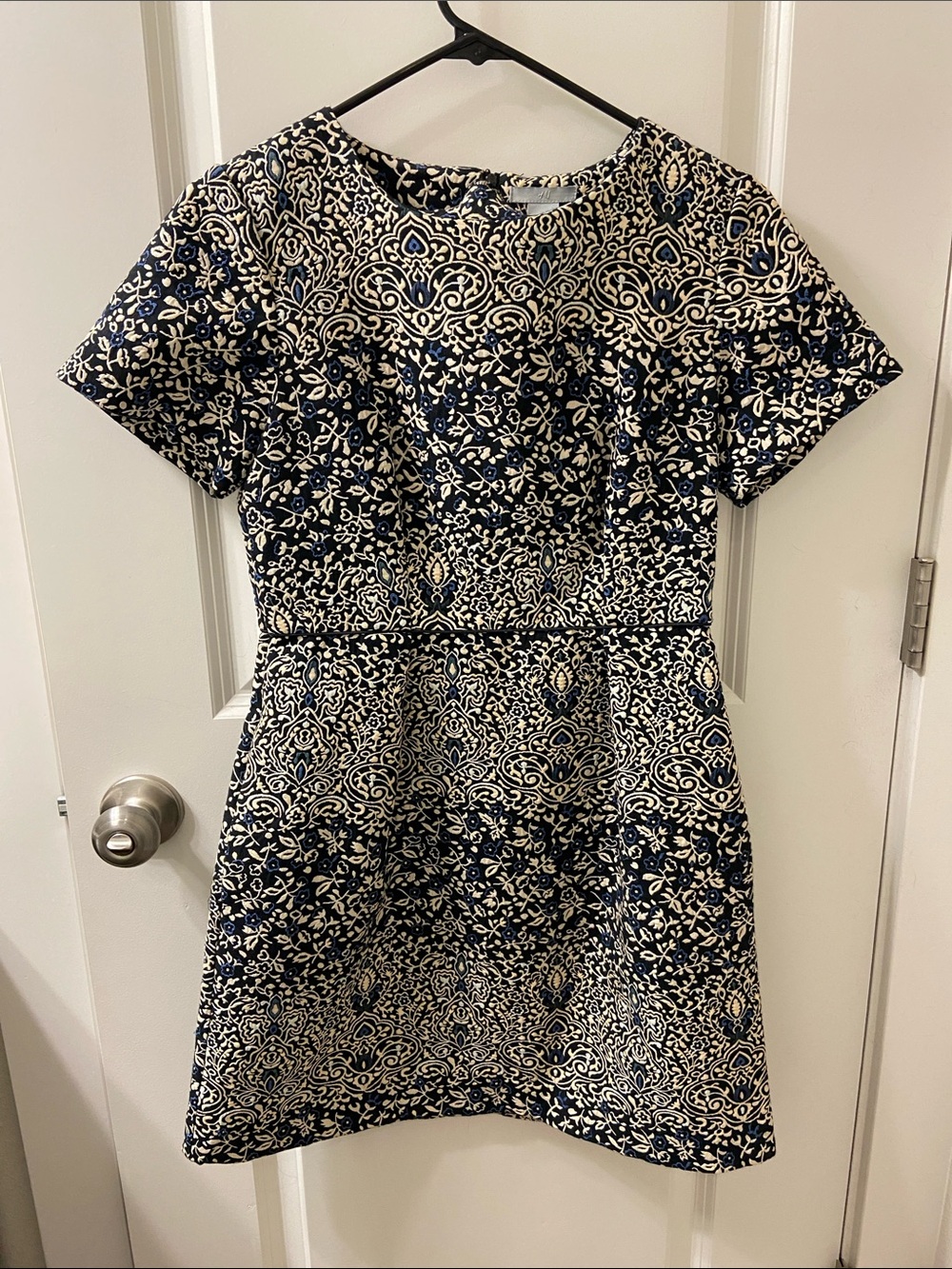 H&M Navy and Cream Printed Short-Sleeve Mini Dress